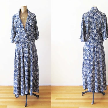 Vintage Silk Floral Maxi Dress M - 90s Navy Blue Gray Floor Length Flowy Bohemian Sundress - Plunge Neck -Flutter Sleeves 