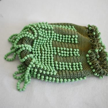 1920s/30s Green Beaded Crochet Reticule Purse 