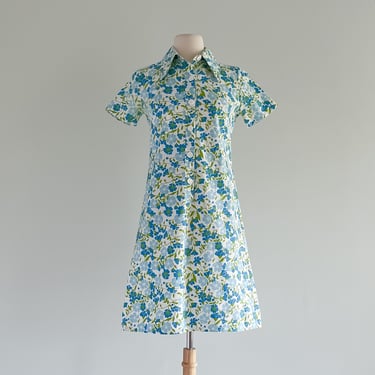 Adorable 1960's Blue &amp; Green Floral MOD Shift Dress / Sz M