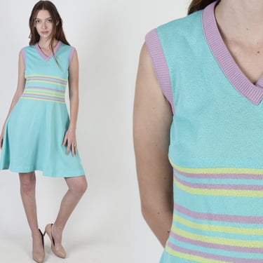 Vintage 70s Mod Skater Sun Dress, Preppy Teal Pastel Horizontal Stripes 