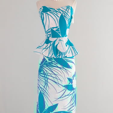 Vintage 1980's NOS Tropical Teal Blue Strapless Cotton Dress / M