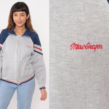 MacGregor Track Jacket 80s Heather Grey Striped Sweatshirt Jacket Zip Up Sweatshirt Red Navy Blue 1980s Sport Vintage Small Medium 