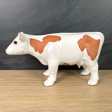 Pottery cow statue - terra cotta and white glaze - vintage cow figurine 