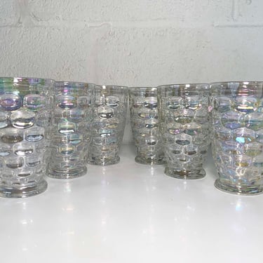 Vintage Iridescent Thumbprint Glassware Federal Glass Yorktown Colonial Tumblers Clear Rainbow Set of 6 Drinking Glasses 1960s 60s 