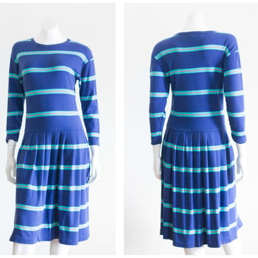 Vintage 80s/90s Long Sleeve Striped Cotton Jersey Dress | Drop Waist | Pleated skirt 