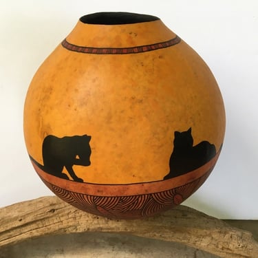 Vintage Hand Painted Ghord By Jainie Wright, Black Cats, Halloween, Gourds From Georgia And Alabama, Signed By Artist 