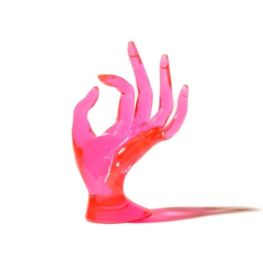 Pink Acrylic Hand Form Ring Holder, Cute Semi-Translucent Jewelry Display, Mannequin OK-Hand Design, 6.5
