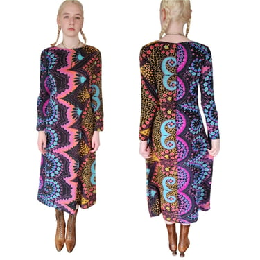 Vintage Psychedelic Print Dress Long Sleeve 