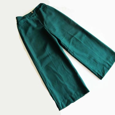 Vintage 70s Wide Leg Pants S M  - 1970s Dark Green Forest High Waist Polyester Cropped Trouser Pants 