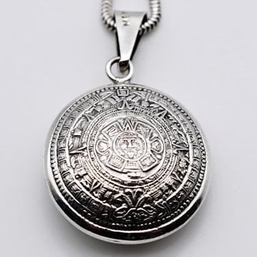 80's Taxco sterling 2 sided Mayan calendar pendant, TM-184 Mexico 925 silver snake chain tribal necklace 