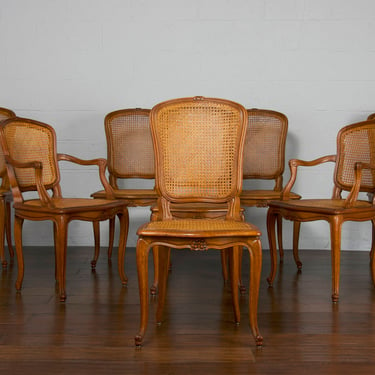 Antique French Louis XV Style Provincial Oak Cane Dining Chairs- Set of 8 