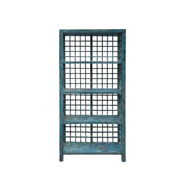 Distressed Teal Blue Green Grid Style Back Side Bookcase Display Cabinet ws4473E 