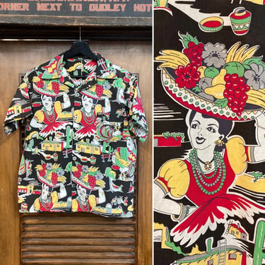 Vintage 1950’s Cotton Custom Mexico Fiesta Rockabilly Shirt, 50’s Siesta Shirt, Vintage Clothing 