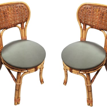 Restored Rattan Wicker Fan Back Dining Chairs - Pair of 2 