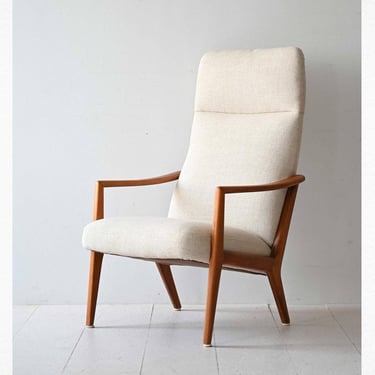 1960s Scandinavian Teak Armchair with Curved Wood Armrests and Upholstered Seat 