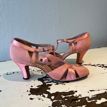 Dangerous Deco Desires - Vintage 1930s Soft Mauve Pink Silk Satin Evening T-Strap Heels Pumps Shoes - 9 1/2AA 