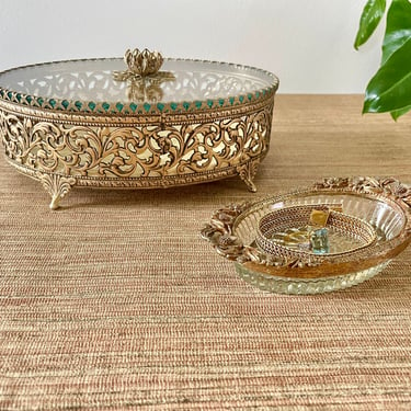 Vintage Jewelry Box - 24KT Gold Plated Jewelry Casket - Oval Filigree Jewelry Box - Jewelry Dish-Globe Silver Co. - Vanity and Boudoir Decor 