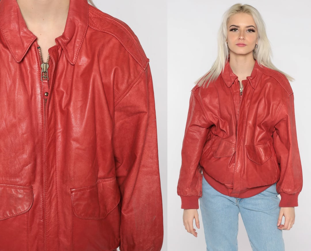 あ*ま様 80s short real leather bomber jacke Vintage 80s Chic RED Leather Oversized Short Retro Bomber