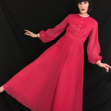 RARE Vintage 1970's Fuchsia Chiffon Bishop Sleeve Accordion Pleated Palazzo Pants Disco Diva Party Jumpsuit by Neusteters - size Medium 