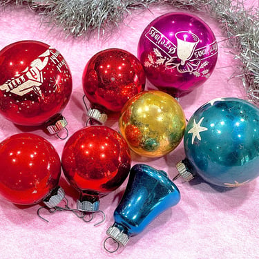 VINTAGE: 8pcs - Shiny Brite Glass Ornaments - Old Distressed Christmas Ornaments - Holliday 