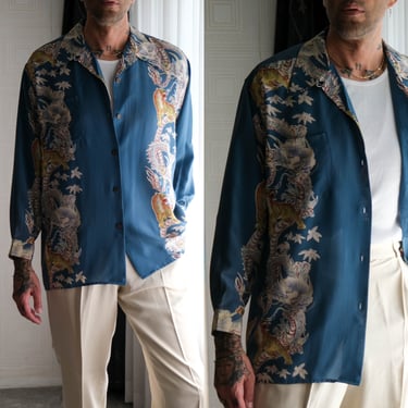 Vintage Avanti Hawaiian Dragon & Tiger Print Steel Blue Silk Long Sleeve Loop Collar Shirt | 100% Silk | Large | 1940s Style Designer Shirt 