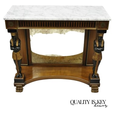 Egyptian Revival Marble Top Figural Carved Ebonized Console Hall Table w Drawers