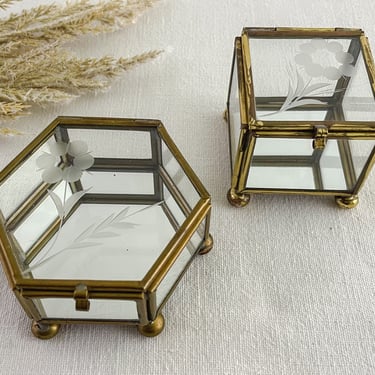 One Vintage Glass and Brass Lidded Box, Clear Etched Glass Hexagon and Square Boxes, Footed Jewelry Box with Hinged Lid, Small Display Box 