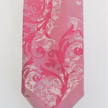 Vintage 1990s Versace Silk Tie, pink silver silk damask 