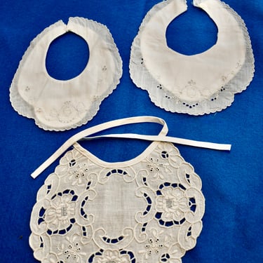 3 Handmade Baby Bib Set, 2 Embroidered Madeira White Batiste With Liner & 1 White Cotton Battenberg Lace Bib All 3 NOS New Baby or Mom Gift 
