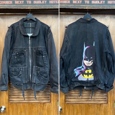 Vintage 1980’s Oversize Streetwear Style Size L “Too Cute” Black Denim Patchwork Batman Embroidered New Wave Hip Hop Jacket 