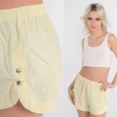 90s Shorts Pale Yellow Jogging Shorts 80s Running High Waisted Casual Pastel Snap Side Shorts Gym Vintage 1990s Elastic Waist Small Medium 