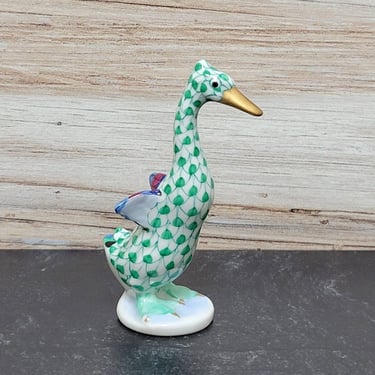 Herend Small Goose Duck Green Fishnet Porcelain Figurine - Hungarian Ceramics 