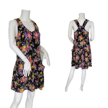 1990's Black Rayon Floral Print Short Dress I Sz Med I Regarde! Love, Carol 