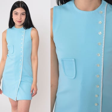 Baby Blue Shift Dress 60s Mod Mini Dress Button up Sleeveless Twiggy Gogo Sixties A Line Retro Party Vintage 1960s bobbie brooks 2xs xxs 