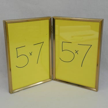 Vintage Hinged Double Picture Frame - Tabletop Gold Tone Metal w/ Glass - Holds Two 5" x 7" Photos - 5x7 frame 