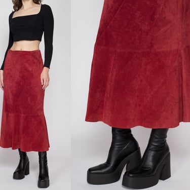 Medium 90s Boho Raspberry Red Suede Midi Skirt | Vintage High Waisted A Line Mermaid Skirt 