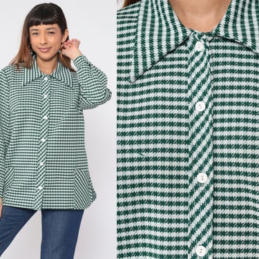 70s Checkered Blouse Button up Shirt Green White Houndstooth Check Print Top Collared Long Sleeve Longline Mod Vintage 1970s Extra Large xl 