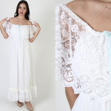 70s Off The Shoulder Wedding Day Dress / Plain All White Bohemian Bridal Gown / Simple Prairiecore Long Tiered Maxi 