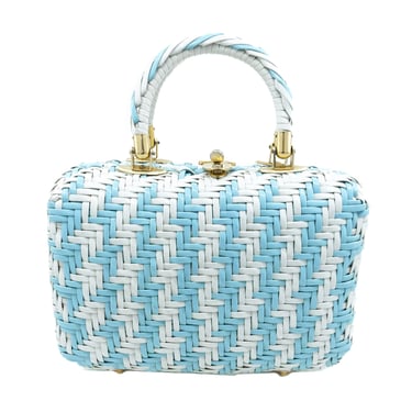 Blue and White Wicker Basket Bag