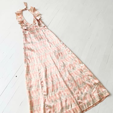 1970s Art Nouveau Pink Satin Floral Print Halter Dress 