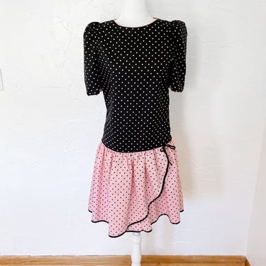 80s Two Toned Black and Light Pink Polka Dot Puff Sleeve Party Dress | Small/Medium 