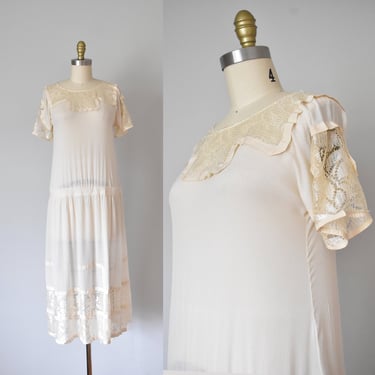 Noisette silk flapper dress, lace 1920s dress, 20s dress, lawn dress, tea dress 