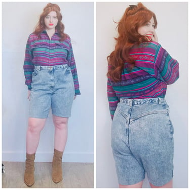 1980s Vintage Gitano Acid Wash Long Line Shorts / 80s High Waisted Cotton Plus Size Shorts / Size 22 Waist 35