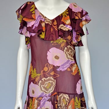 vintage 1960s sheer floral shift dress w/ ruffles XS/S 