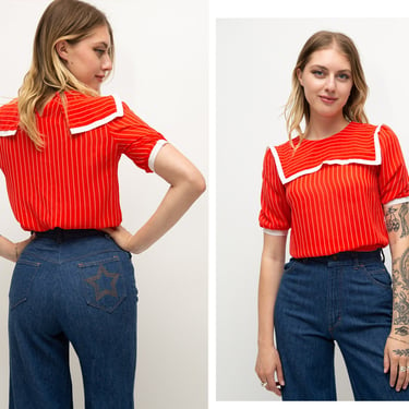Vintage 1970s 70s 1980s 80s Red Striped Semi Sheer Cropped Blouse w/ Nautical Collar Neckline 