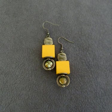 Wooden earrings, yellow earrings, ethnic dangle earrings, mid century modern earrings, antique bronze earrings, unique artisan earrings 
