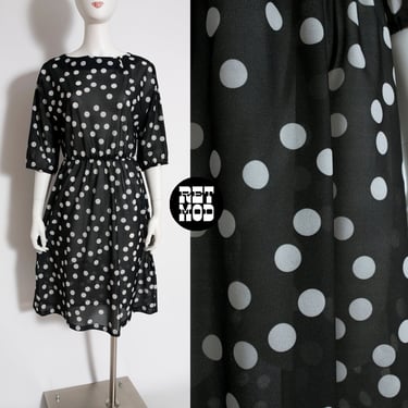 Sassy Vintage 70s 80s Black & White Polka Dot Elastic Waist Dress 