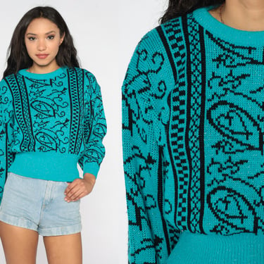 80s Statement Sweater Sparkly Teal Geometric Knit Sweater Abstract Swirl 1980s Metallic Knit Jumper Jacquard Pullover Crewneck Vintage Small 