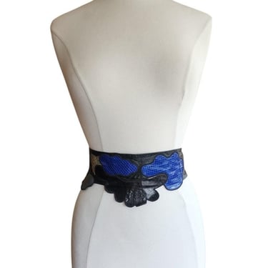 Vintage 80s Belt Snakeskin Leather Blue Beige Black Sash Tie 