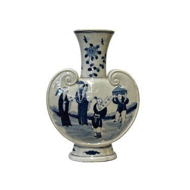 Chinese Blue White Porcelain Ru Yi Flat Body People Theme Vase ws2996E 